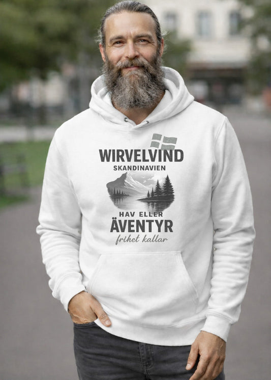 Vit ekologisk hoodie med Wirvelvind Skandinavien äventyrsdesign
