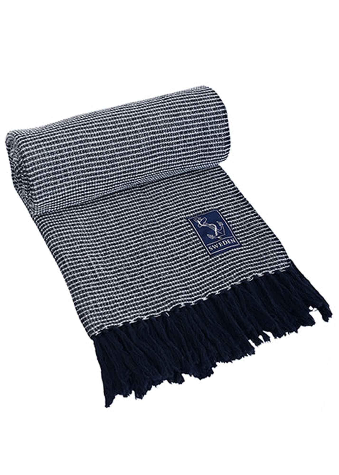 Marinblå återvunnen pläd 130×170 cm – nordisk filt för soffmys och