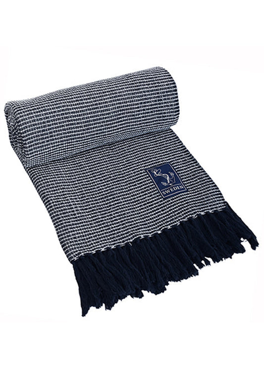 Marinblå återvunnen pläd 130×170 cm – nordisk filt för soffmys och