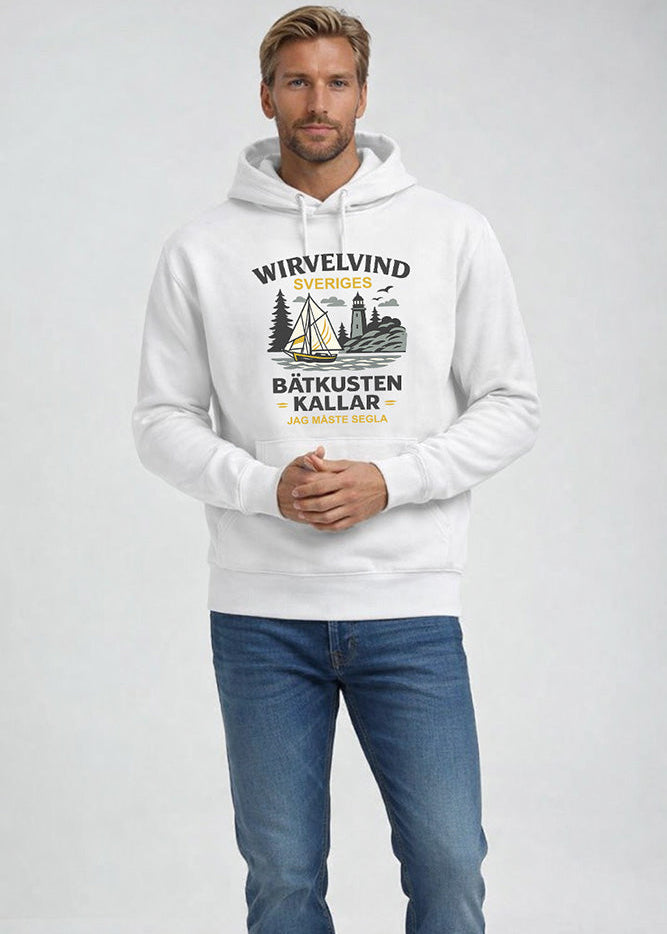 Ekologisk hoodie vit | Båtkusten kallar – Wirvelvind