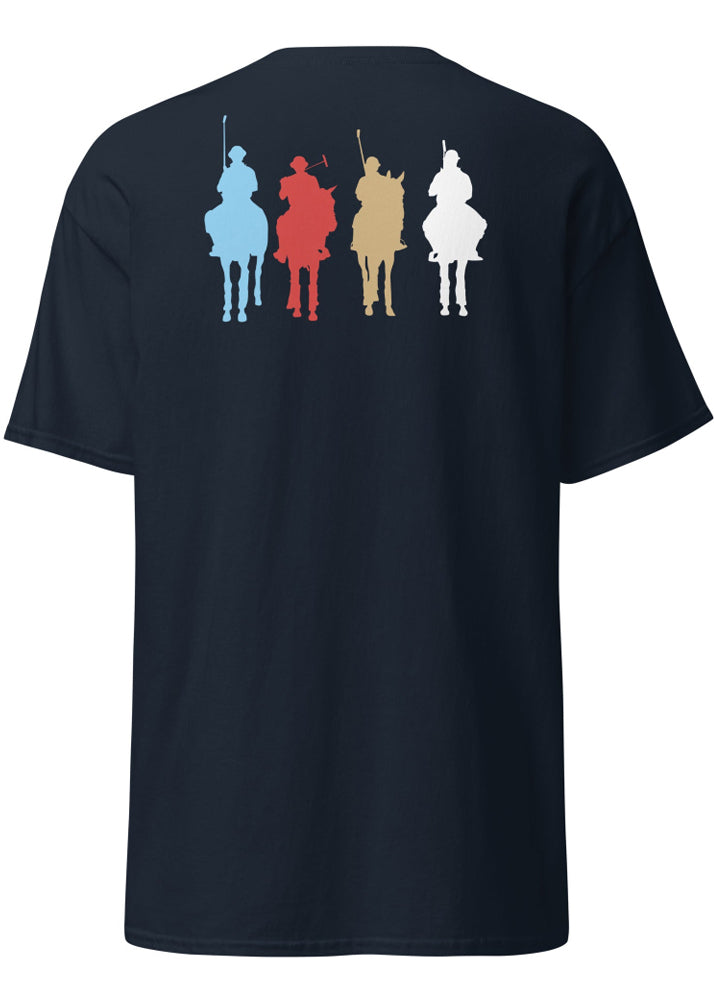Marinblå herr t-shirt med ryggtryck av fyra polospelare till häst