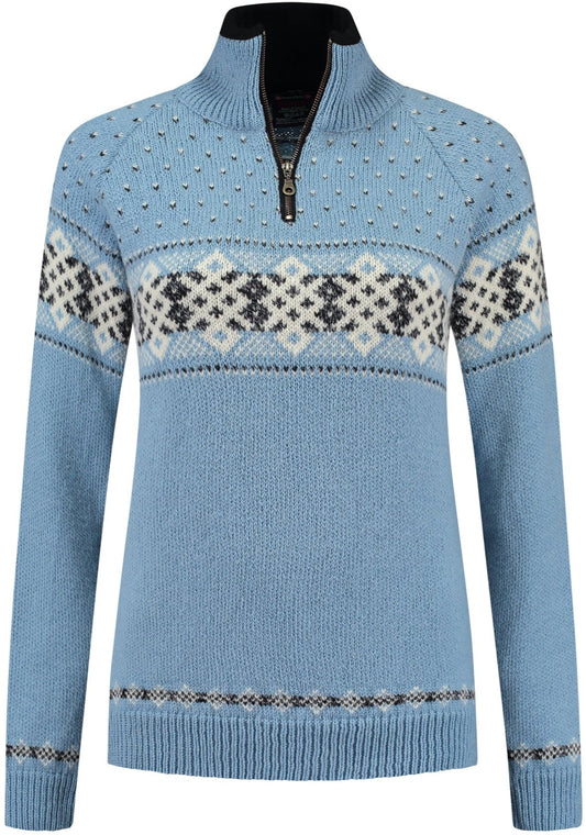 Damenpullover mit Reißverschluss aus 100% reiner norwegischer Wolle, blau