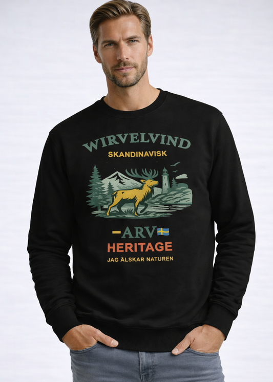Skandinavisk arv – Sweatshirt svart med nordiskt tryck | Wirvelvind