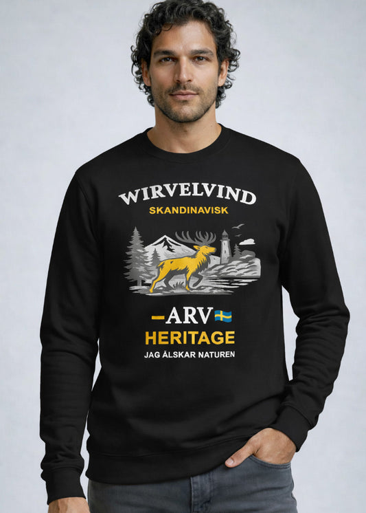 Skandinavisk arv – Sweatshirt svart med nordiskt tryck | Wirvelvind