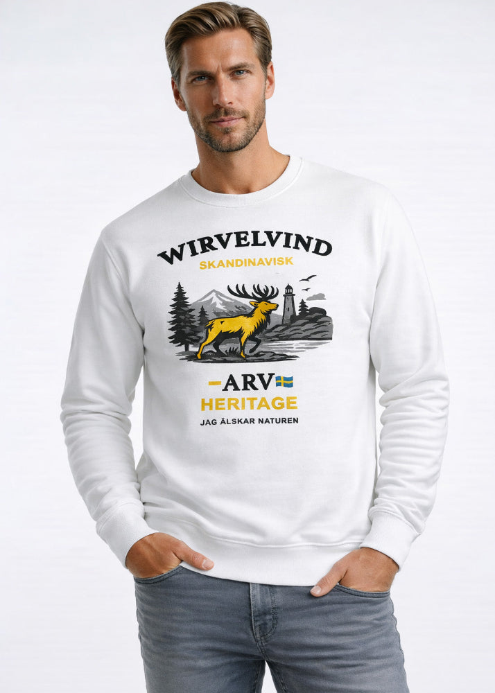 Skandinavisk arv – Sweatshirt vit med nordiskt tryck | Wirvelvind