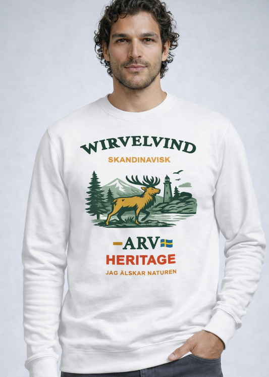 Skandinavisk arv – Sweatshirt vit med nordiskt tryck | Wirvelvind