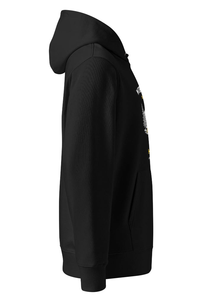 Svart ekologisk hoodie med Wirvelvind “Sounds of the North”-tryck på bröstet