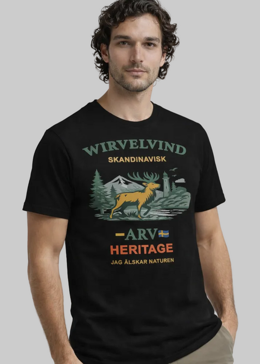 Svart t-shirt med Wirvelvind Nature Heritage-tryck