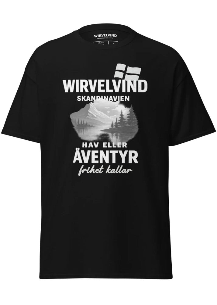 Svart herr-t-shirt med Wirvelvind Skandinavien äventyrsdesign