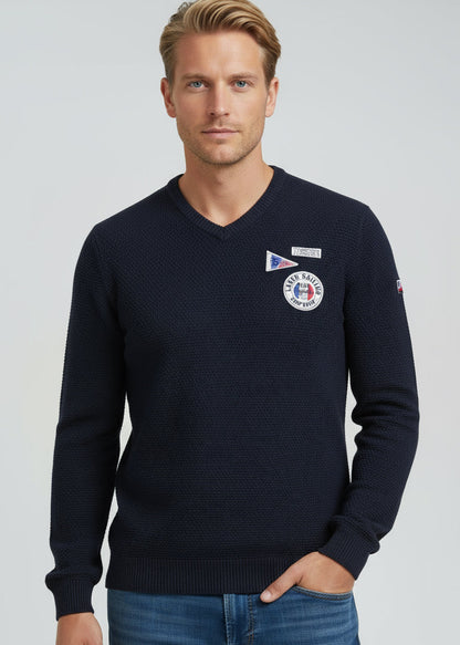 Wirvelvind V-ringad tröja med stickat mönster och lappar, mörkblå