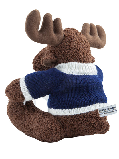 Nordisk älgfigur i teddoplysch med blå-gul Sweden-tröja, perfekt som presen