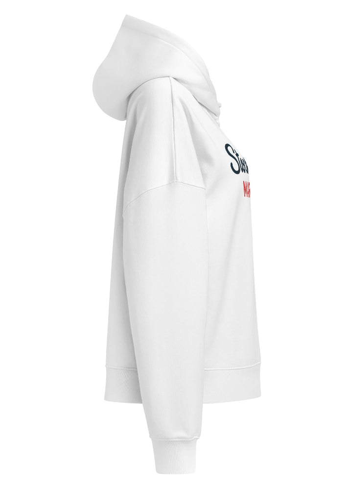 Ekologisk vit hoodie för dam med Stockholm Marinor-print från Anne Hill