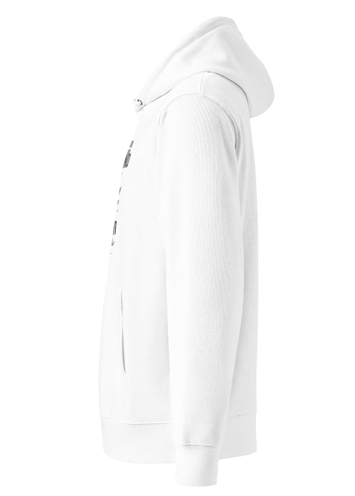 Vit ekologisk hoodie med Wirvelvind Skandinavien äventyrsdesign