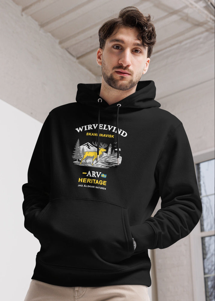 Svart ekologisk hoodie med Wirvelvind Skandinavisk