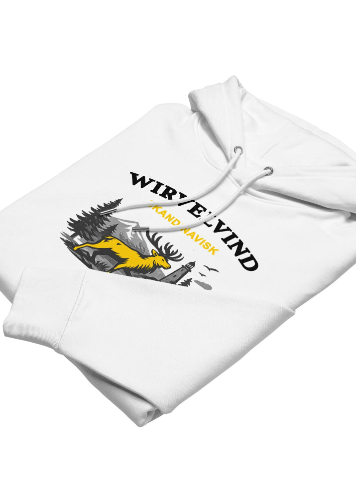 Vit ekologisk hoodie med Wirvelvind Skandinavisk Arv-tryck