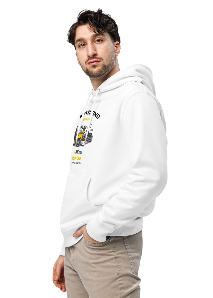 Vit ekologisk hoodie med Wirvelvind Skandinavisk Arv-tryck