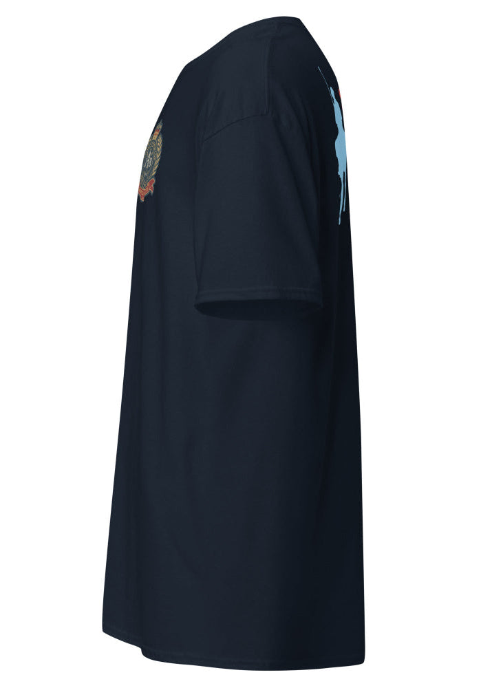 Marinblå herr t-shirt med ryggtryck av fyra polospelare till häst