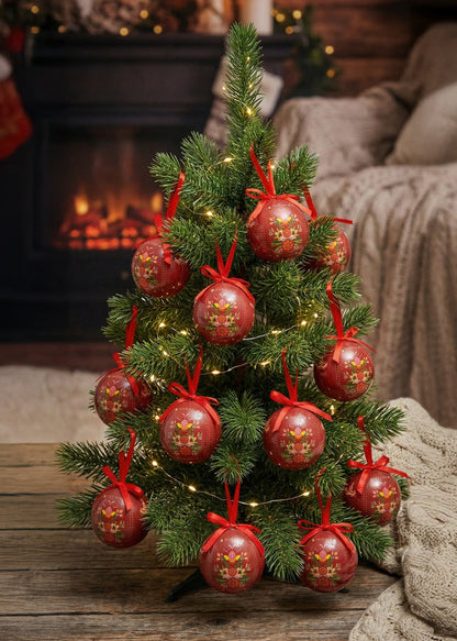 Julgranskula 75 mm med kurbitsblommor och dalahäst – rött 