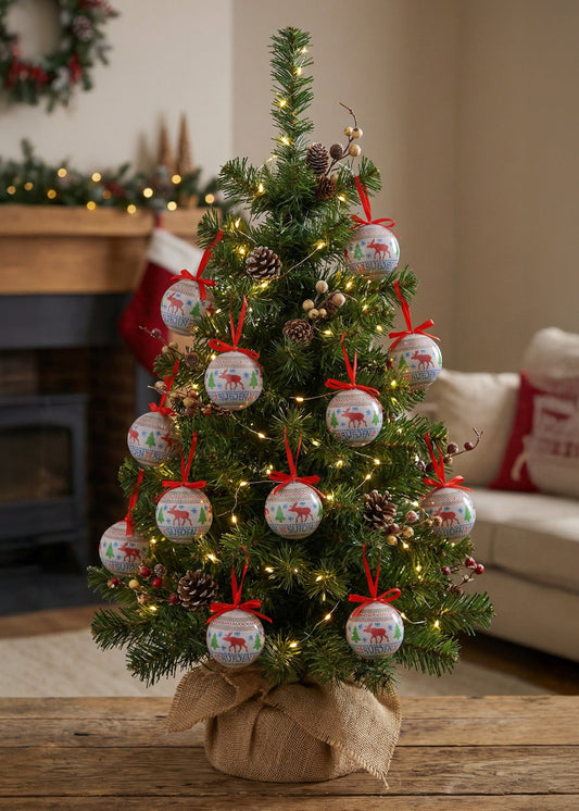 Julkula 75 mm – nordiskt stickmönster med älgar och rött upphängningsband