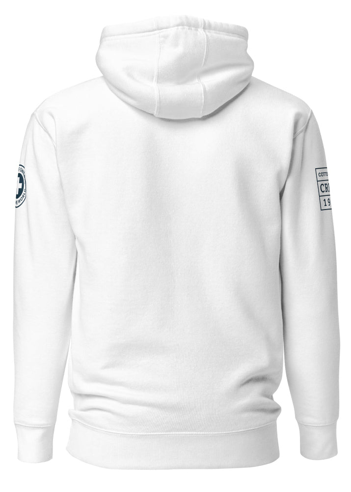 Vit hoodie från Cottonhill med maritimt Stockholm Marinor-tryck i skandinavisk stil