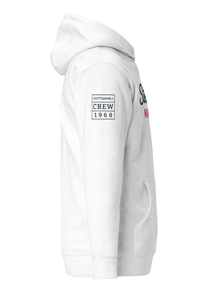 Vit hoodie från Cottonhill med maritimt Stockholm Marinor-tryck i skandinavisk stil