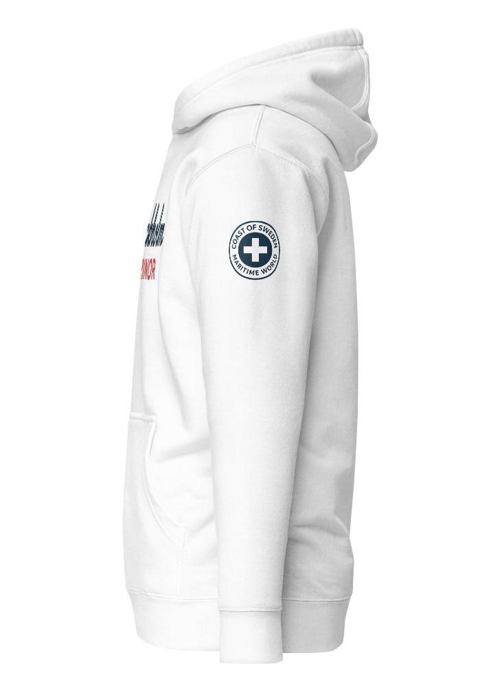 Vit hoodie från Cottonhill med maritimt Stockholm Marinor-tryck i skandinavisk stil