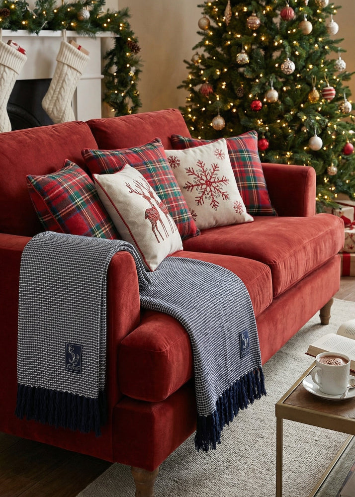 Marinblå återvunnen pläd 130×170 cm – nordisk filt för soffmys och 