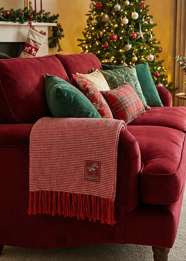 Röd återvunnen pläd 130×170 cm – nordisk filt för soffmys och 