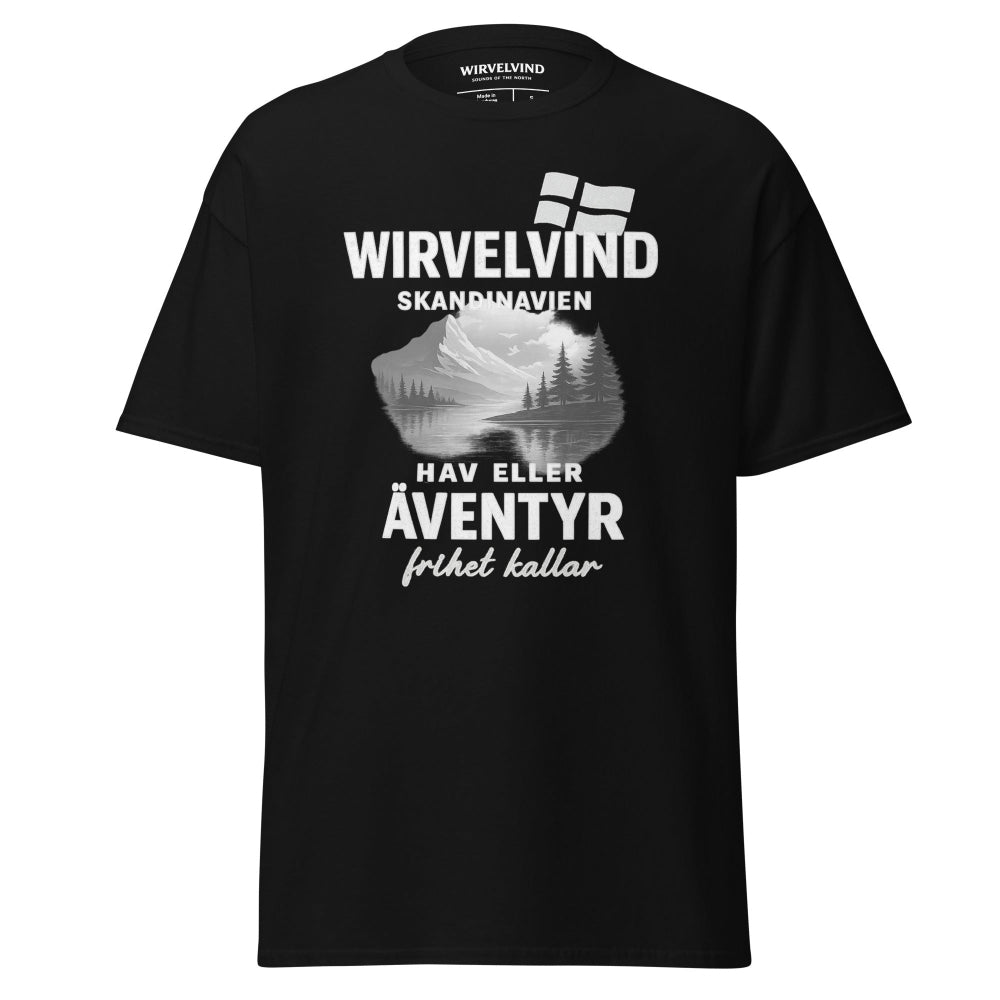 Svart herr-t-shirt med Wirvelvind Skandinavien äventyrsdesign